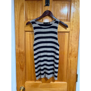 Theory Women’s Classic Stripe Ribbed Knit Tank Top Beige Navy Wool Luxury Size M
